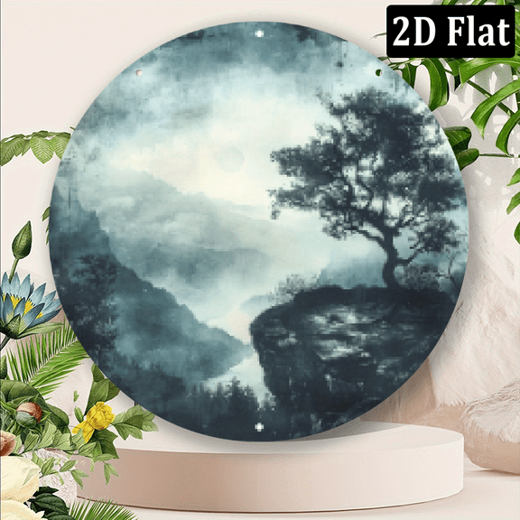 2D Flat Serene Lakeside Studios - Rustic Round Metal Wall Art For Man Cave, Office, Or Shed Decor, Room Decor, 8*8in