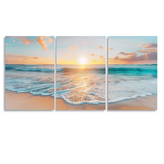 [2D Flat] Set of 3 Frameless Canvas Wall Art Depicting Beach Sunset, Tranquil Seascape Prints for Indoor/Outdoor Decor, Canvas Artwork of Waves And Sky, Perfect for Home, Office Or Bedroom - Unframe
