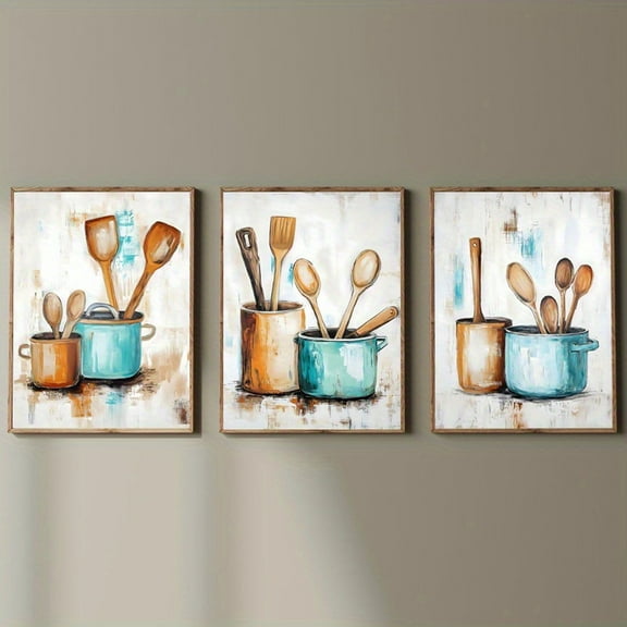 [2D Flat] Set of 3 Kitchen Tool Art Prints, Vintage Kitchen Posters Ideal for Rustic Farmhouse Wall Decoration, Canvas Artwork of Kitchenware, Unframed.