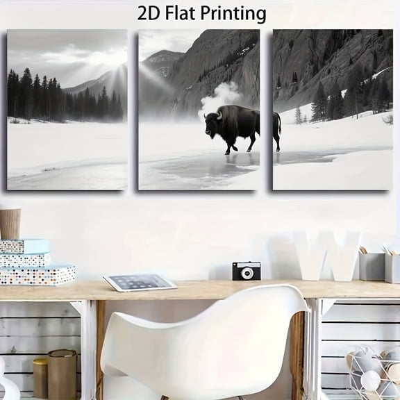 2D Flat, Set of 3 Modern Black & White Bison Winter Landscape Canvas Wall Art - Minimalist North American Wildlife Photography Triptych, 11.8x15.7 Inch Each, Horizontal Frameless Decor for Bedroom,