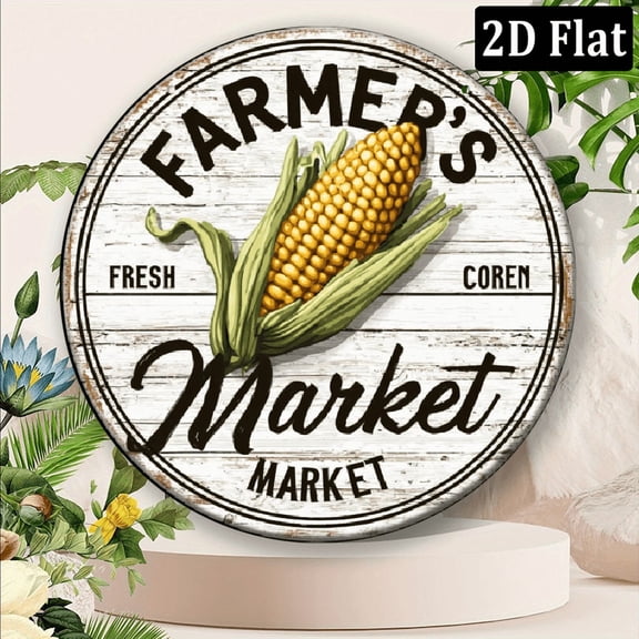 2D Flat A Set of Aluminum Round Tin Signs, Featuring Corn Artwork- Fresh Corn from Farm Market 2D Printed Wall Decoration, Suitable for Restaurants, Bars, Cafes, Kitchens, Home Room Decoration,
