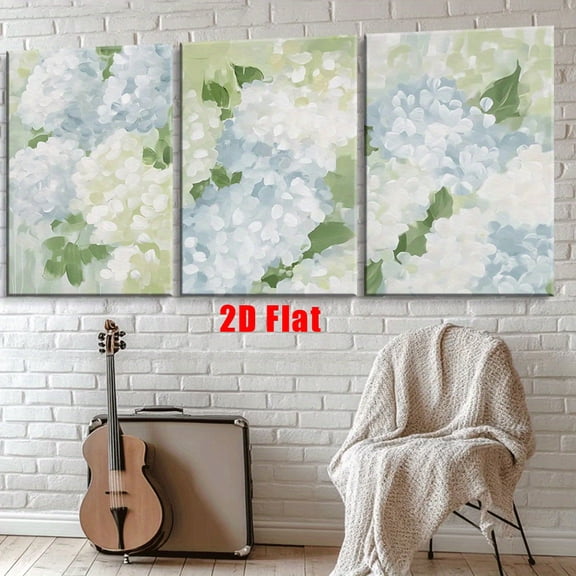 2D Flat Set of Three Frameless Canvas Paintings Featuring Stunning Hydrangeas, Ideal for Decorating Living Rooms, Offices, Bedrooms, Schools, And Cafes. These Abstract Wall Art Pieces Make Perfect G