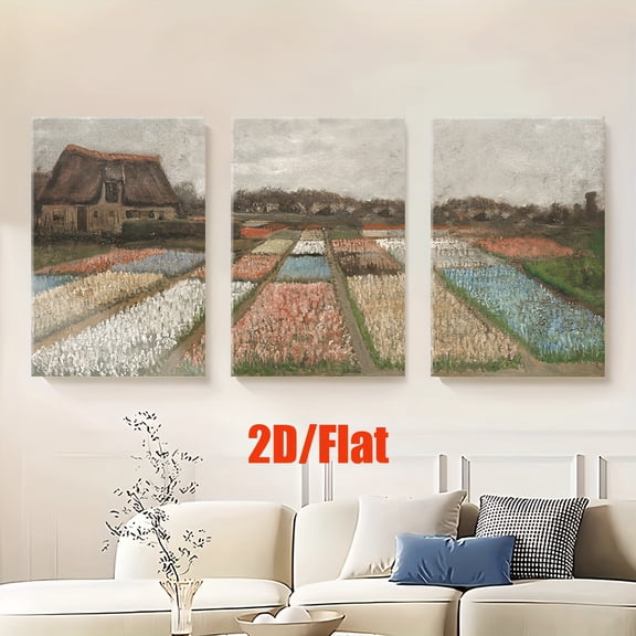 2D Flat Set of Three Frameless Canvas Paintings Featuring Vintage Landscapes of Flowers And Trees, Ideal for Decorating Living Rooms, Offices, Bedrooms, Schools, And Cafes. This Abstract Wall Art Ma