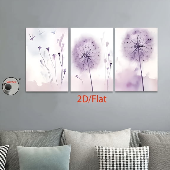 2D Flat Set of Three, Two-Dimensional Flat Canvas Prints Without Frames, Featuring Purple Dandelion Wall Art. Suitable for Living Rooms, Offices, Home Decoration, And As Gifts for Birthdays, Christm