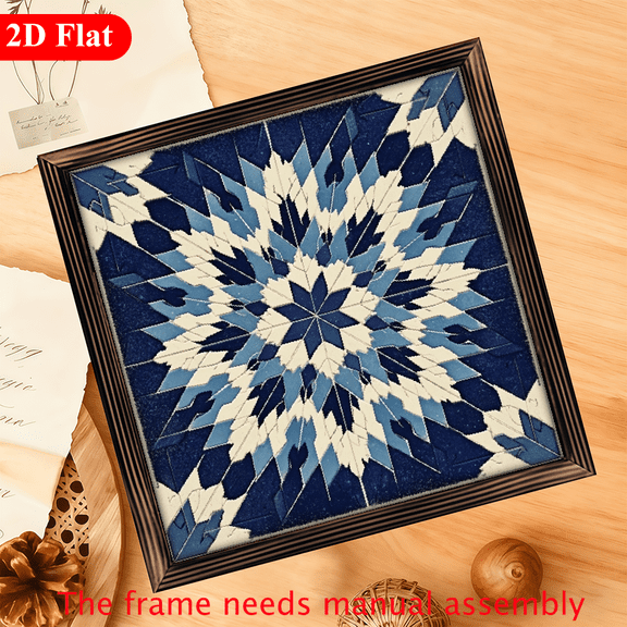 2D Flat A Single Farmhouse-Style Barn Quilt Featuring a Star-Striped Wooden Logo with a Frame, Measuring 12x12 Inch This Rustic Wall Art Showcases a Navy And Beige Star Design