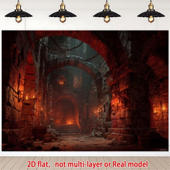 2D Flat, Single Piece Backdrop Banner Featuring a Medieval Castle Dungeon - Designed with Dark Gothic Arches And Stone Walls, Complete with Torches And an Arched Door - Perfect for Themed Parties