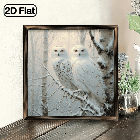 2D Flat, Snowy Owls Winter Forest Wall Art Print Wildlife Animal Painting for Living Room Bedroom Office Cabin Decor Gift for Wildlife Lovers Bird Enthusiasts Family Friends, 8x8 Inch Decorative