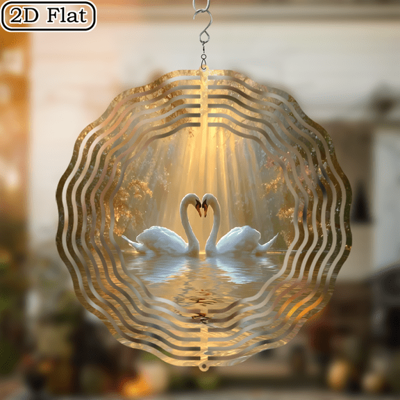 2D Flat, Solar-Powered 2D Metal Swan Lake Wind Spinner - Romantic Embrace Design, Infinity Rotating Outdoor Garden Decor, Reflective Water Feature for Patio, Lawn, or Yard, Festive Holiday Decorat