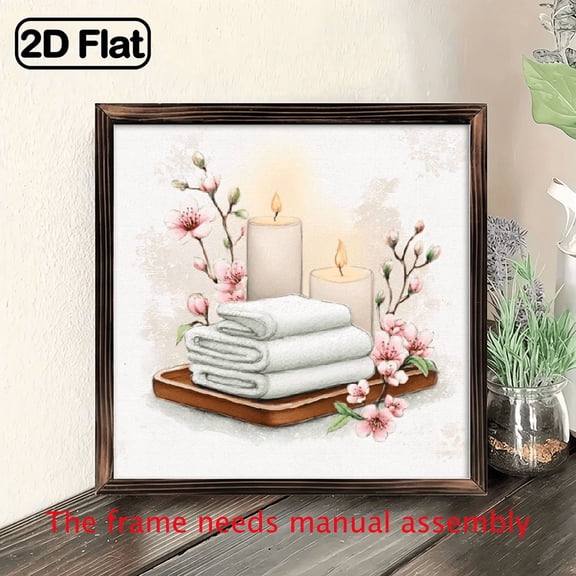 2D Flat, Spa Scenes Themed Wood Framed Sign - Vintage Summer Style Wall Decor with Candles Cherry Blossoms, 8x8 inch Recycled Wood, Multi-Purpose Home Office Bathroom Farmhouse Decor, Ideal Ho