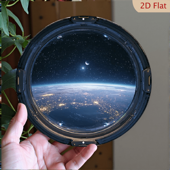 2D Flat, Space Station Window Earth View Art Sign, 8" Round Aluminum Wall Metal Signs, Wall Decor For Kitchen, Door, Office, Coffee, Bedroom Decor, Best Gifts For Home, Bathroom Decor, Weird Decor