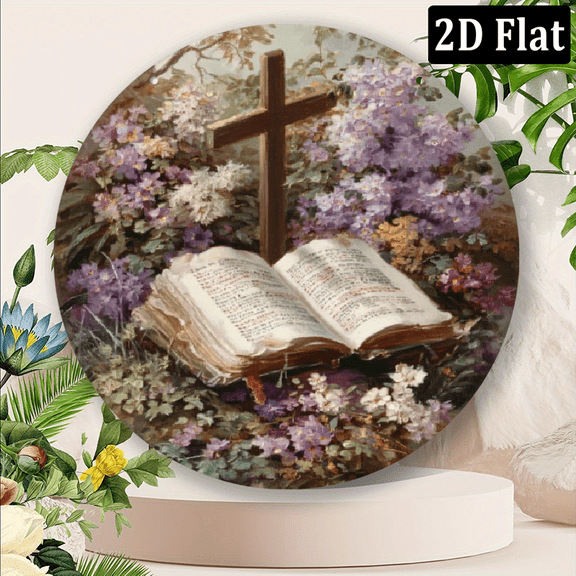 2D Flat, Spiritual Uplift He Is Risen8x8in Round Aluminum Easter Wreath Sign - Inspirational Vintage Wall Decor with Cross Floral Design, Durable Craft Plaque for Home or Church, Religious Wall Art