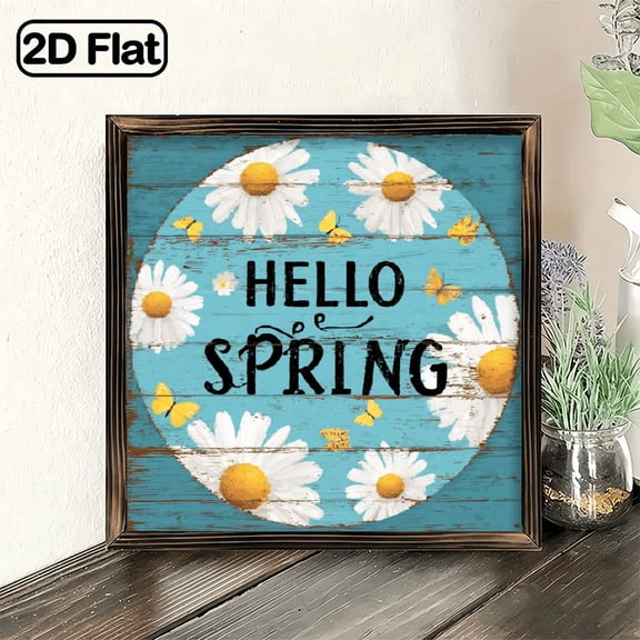 2D Flat, Spring Daisy Flower Sign for Front Door Hello Spring Wall Hanging Sign 8x8 Welcome Butterfly Wood Door Hanger Farmhouse Rustic Blue Daisy Floral Wooden sign Sign for Home Outdoor Outside