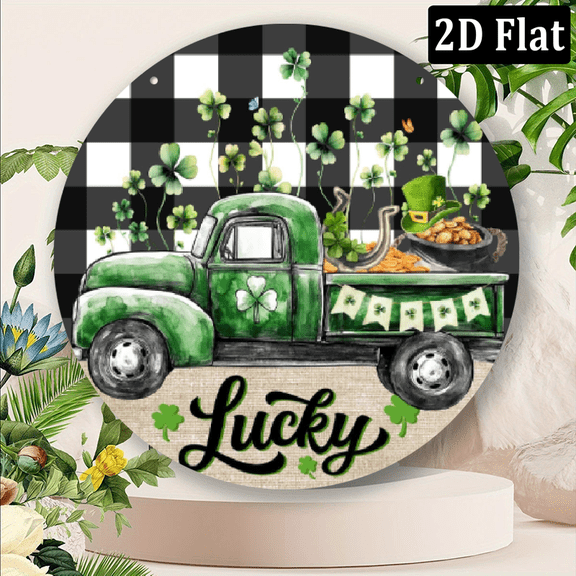 2D Flat, St Patrick's Day Green Lucky Truck Door Sign For Front Door Decor, Shamrock Clover Buffalo Plaid Check metal Sign 8x8 in.