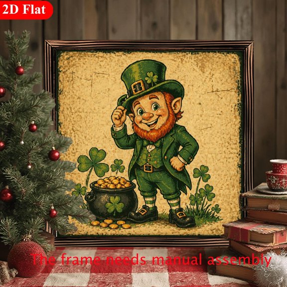 2D Flat, St. Patrick's Day Leprechaun with Pot of Gold Framed Wood Board Art - 8x8in or 12x12in, Irish Treasure, Lucky Charm, St. Patrick's Day Gift (1 Piece)