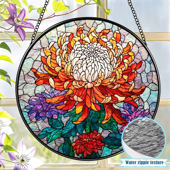 2D Flat Stained Glass Sun Catcher - Chrysanthemum Flower Window Hanging Decor with Vibrant Color Elegant Floral Suncatcher for Home, Door, Garden, Birthday, Christmas, Wedding, Anniversary.