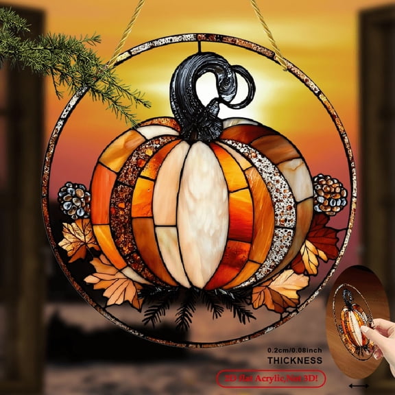 2D Flat Surface, 1pc Bohemian Style Pumpkin Light Catcher - Round Window Hanging Decoration, Teal Autumn Pumpkin Design - Durable Acrylic Wall Decoration, Suitable for Living Room, Bedroom