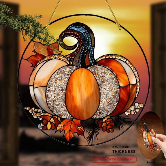 2D Flat Surface, 1pc Bohemian Style Pumpkin Light Catcher - Round Window Hanging Decoration, Teal Autumn Pumpkin Design - Durable Acrylic Wall Decoration, Suitable for Living Room, Bedroom, Office