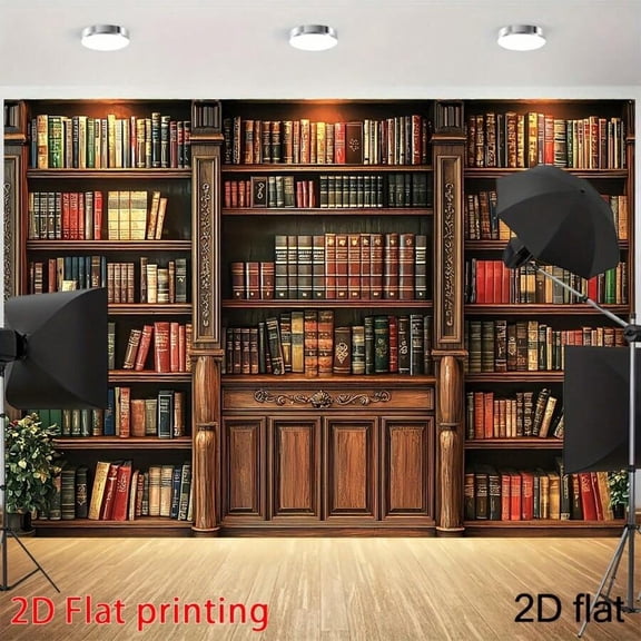 2D Flat Surface, 2D Flat Surface Printing. 1-Piece Bookshelf Photo Background Panel. Book Library Bookcase Photography Background. School Library Study Room Bookshelf Scene Photography