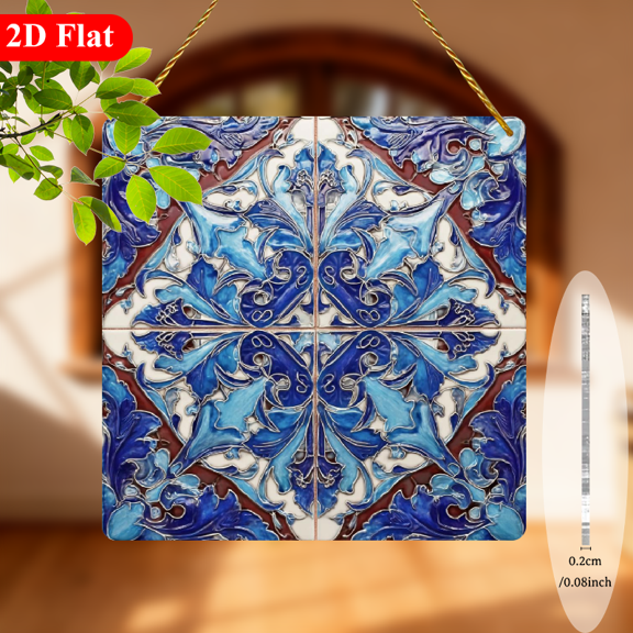 2D Flat, Symmetrical Botanical - Turquoise Blue Mosaic-Style Window Wall Decor with Stained--like Floral Motifs, Flat Panel Art for Home, Office, Wedding Gift for, Mom, Housewa8*8in