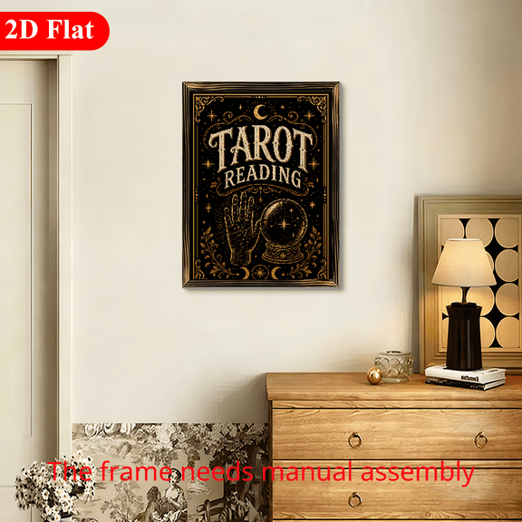 2D Flat, Tarot Reading Wood Framed Wall Art, Mystic Fortune Teller Wooden Wall Decor, Vintage Boho Spiritual Home Accent, 12x16in