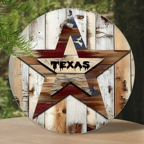 [2D Flat]Texas Decor Star State Theme Sign Rust Metal, Star Outdoor Round Tin Signs for Wall Hanging Decoration for Living Room Office Workplace Fade Resistant, 8"