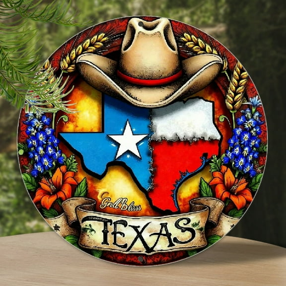 2D Flat Texas Pride Metal Tin Sign Retro Wall Art with Vibrant Texas State Design, Perfect for Home, Kitchen, Garden, Cafe Garage Decor, 8x8 Inch, Metal Outdoor Decor Round Shaped Aluminum Sign