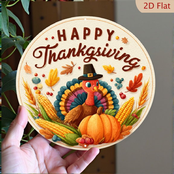 2D Flat Thanksgiving Turkey Pattern Metal Sign Set of 1 - Charming Printed Iron Wall Art, Round Festive Hanging Plaque for Bar, Caf, Club, Kitchen Decor 8x8 Inches