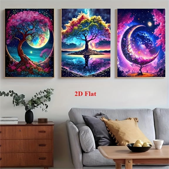 2D Flat, Three-piece set, Tree of Life Canvas Painting Art, Moon Canvas Poster, Romantic Starry Sky Painting, Fantasy Forest Painting, Tree of Life Painting, Visual Modern Abstract Poster, Frameless