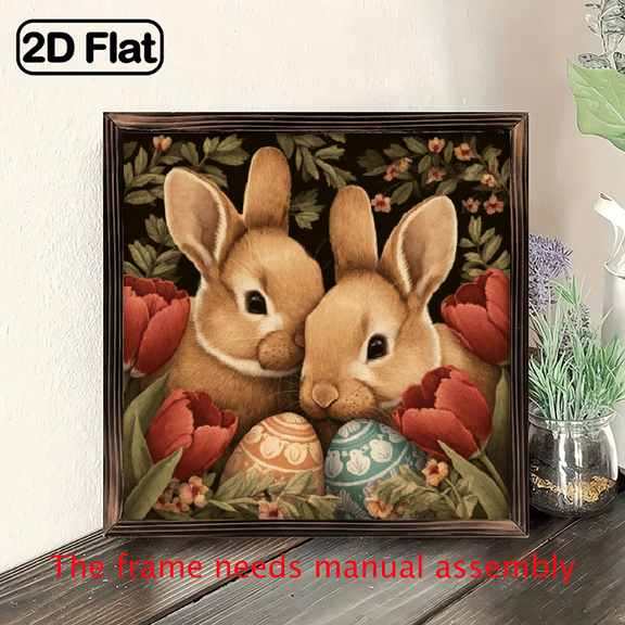 2D Flat Traditional Easter Bunnies with Floral Design in a Frame, Rustic Design, Wall Decor, Versatile Decoration for Spring, Easter, Home, Farmhouse, Living Room, Kitchen, 8X8 inch.