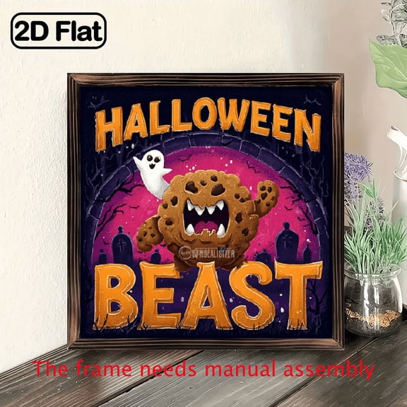2D Flat, Trebalena 8x8inch Wooden Wall Art Sign Halloween Cookie Beast Unleash the Spooky Fun Night Scene Art Print Easy Wall-Mounted for Kitchen Bathroom Living Room for Halloween Celebration