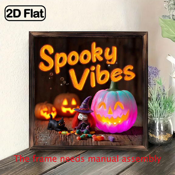 2D Flat, Trebalena 8x8inch Wooden Wall Art Sign Spooky Vibes Halloween Pumpkin Witch Scene Wood Sign Decor Easy Wall-Mounted for Kitchen Bathroom Living Room for Halloween Celebrations Home