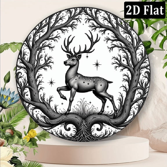 2D Flat Tree of Life Metal Wall Art- Handcrafted American Folk Style, Black and White Metal Wall Decoration with Deer, Stars, and Rotating Branches, Suitable for Home, Coffee Shop, Kitchen, Club