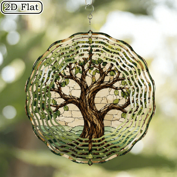 2D Flat, Tree of Life Metal Wind Spinner 10x10 Inch, Round Hanging Kinetic Garden Decor, Outdoor Yard Art, Patio Porch Ornament, Farmhouse Gift