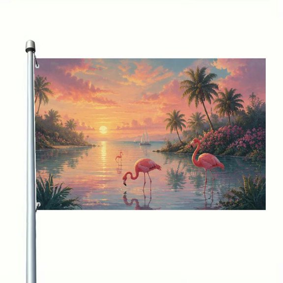 2D Flat Tropical Beach Sunset Flag With Pink Flamingos And Hibiscus, Double-Sided Vibrant Banner For Summer Parties And Beach Decor, Durable Outdoor Garden Flag