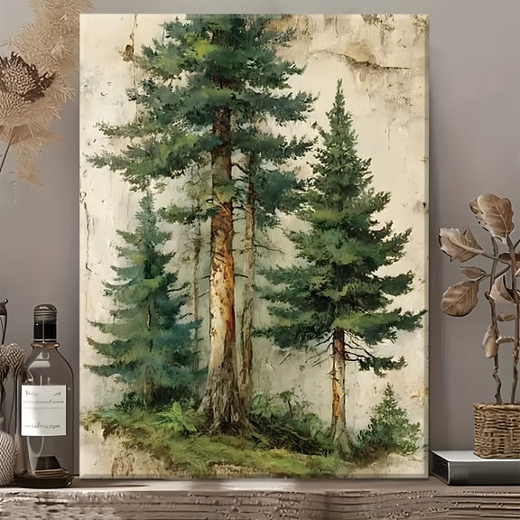 2D Flat A Two-Dimensional, Framed Canvas for Home Decor, Showcasing Three Pine Trees. Ideal for Living Spaces, Bedrooms, Workspaces, And Interior Wall Art. an Excellent Unique Gift