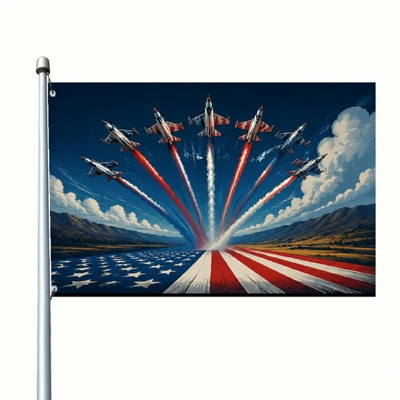 2D Flat USA Fighter Jet Patriotic American Flag, Double-Sided Polyester Banner For 4th Of July Military Enthusiasts Dorm Garage Outdoor Events, Durable Outdoor Garden Flag
