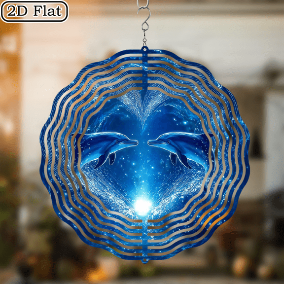2D Flat, Valentine'S Day Dolphin Design Metal Wind Chime - Rotating Ocean Wave Heart Motif, Indoor_Outdoor Garden Decor, No Electricity Needed, Ideal for Patio, Yard, or Outdoor Spaces10*10in