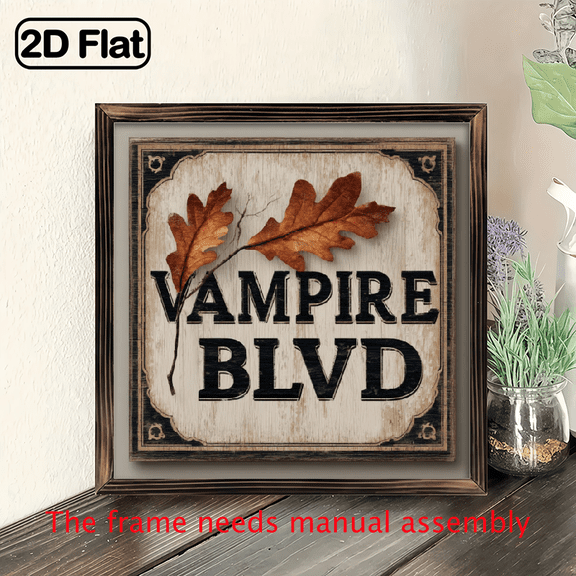 2D Flat - Vampire Blvd Wooden Framed Wall Art - Vintage Halloween Decorative Sign, 8x8 Inch, Rustic Wall Hanging for Entryway, Living Room, Office, Halloween Decorations