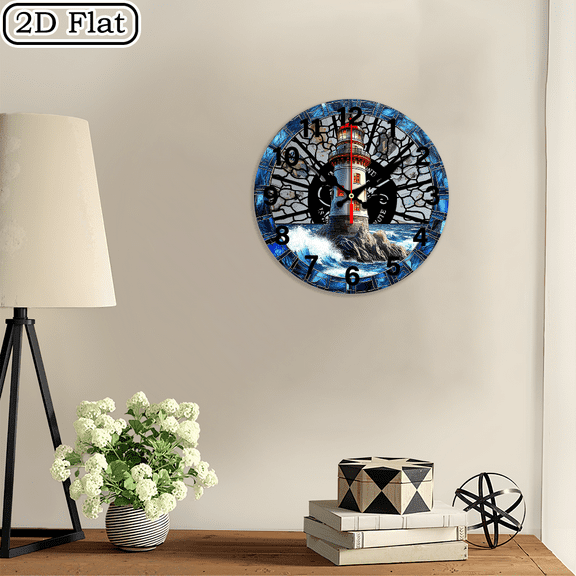 2D Flat, Vibrant Lighthouse 2D Flat 1pc 10Inch Design Silent Wall Clock Wooden Living Room, Bedroom, Office Decor Aesthetic Gift for Home or Office, Clock Wall