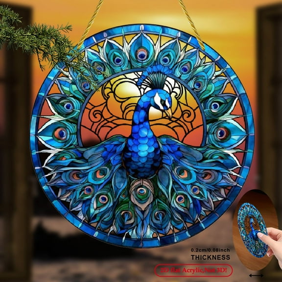 2D Flat, Vibrant Round Acrylic Peacock Wall Art Acrylic window hanging ,wall art decor for home,housewarming gift material with exquisite painted patterns,8inch