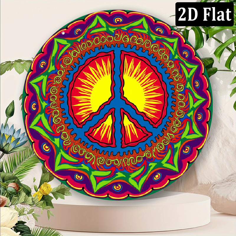 Hippie Peace Sign Wood Wall Decor – Round Boho Hanging Sign For Door, Living Room, Bedroom, 10.2×10.2 Inches