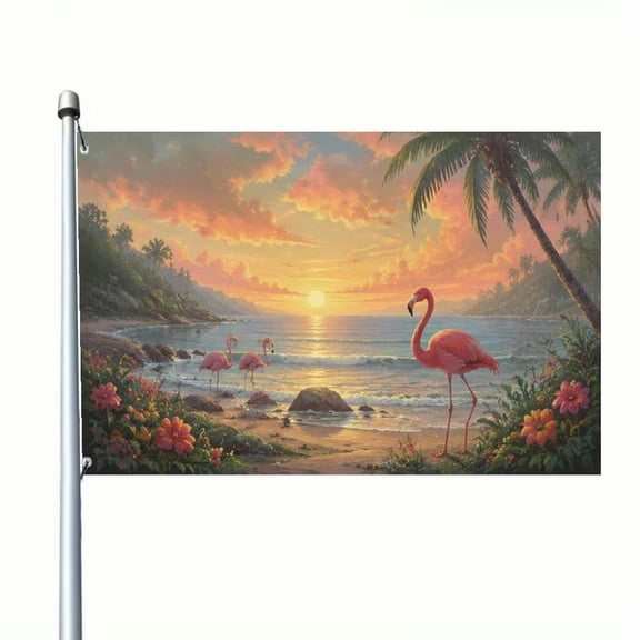 2D Flat Vibrant Tropical Beach Sunset Flag With Pink Flamingos And Hibiscus, Double-Sided Banner For Beach Parties Summer Family Gatherings, Durable Outdoor Garden Flag