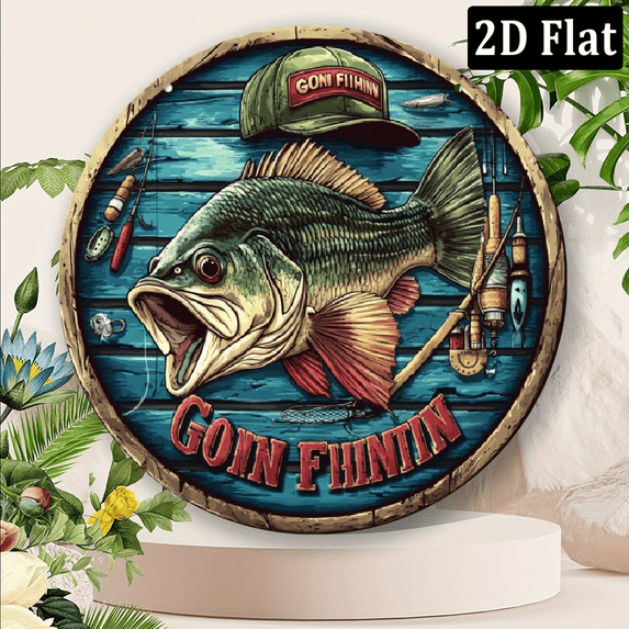 2D Flat - Vintage Aluminum Fishing Sign, 2D Flat Design- 8inch Round Go Fishing Wall Art, Featuring Bright 2D Printed Fish and Rod Patterns, Suitable for Cottage and Mountain House Door Decoration