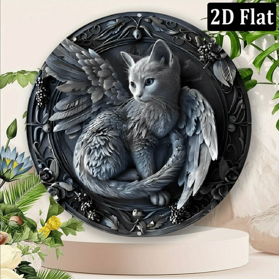 2D Flat, Vintage Angel Cat Round Aluminum Wall Art Sign 8*8 Inch, Detailed Gray Winged Cat Design with Feathers & Floral Patterns, Perfect for Home, Office, Bar, or Kitchen Decor, Unique Halloween