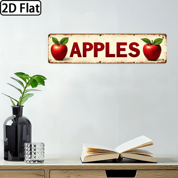 2D Flat, Vintage Apple-Themed Metal Sign - Rustic Wall Decor for Home, Kitchen, Cafe - Distressed Iron Plaque with Red Apples Leaves Design - Perfect for Room, Restaurant, or Garage, Cafe Wall Art