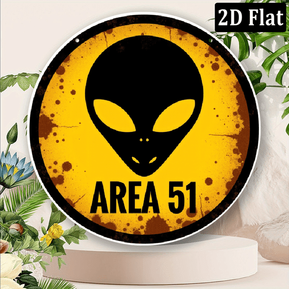2D Flat, Vintage Area 51 Alien Metal Sign- 8x8 Inch Round Wall Art, Suitable for Home, Office, Bar, Cafe, and Beach House Decoration, 2D, Perfect for Room Decoration8*8in