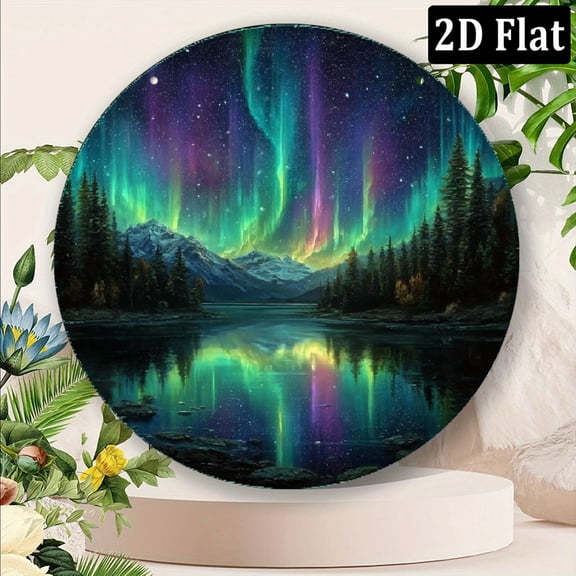 2D Flat, Vintage Aurora Borealis Metal Wall Art - Circular Aluminum Sign with Northern Lights and Mountain Reflection, Easy to Hang Decor for Home, Bar, Cafe, Restaurant Celebrations, 8*8in