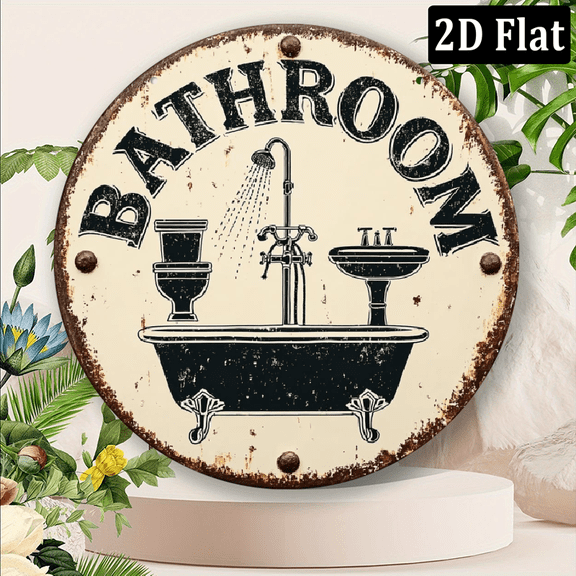 2D Flat, Vintage Bathroom Decorative Sign - Round Wrought Iron Wall Art with Bathtub, Shower Sink Icons, Rustic Metal Wall Decor for Home, Bedroom, Office, Porch, Garden.8*8 inch