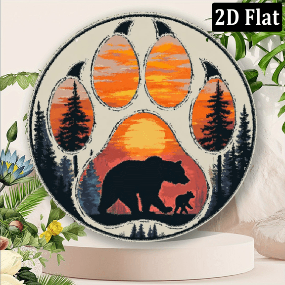 2D Flat, Vintage Bear Paw Print Metal Wall Art - Round Aluminum Sign with Nature Scene, Ideal for Home, Garden, Cafe Decor Perfect Gift for Pet Lovers8*8in
