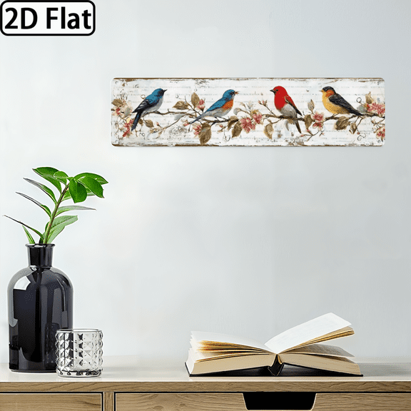 2D Flat, Vintage Bird on Branch Metal Wall Art - 16x4 Aluminum Sign with Colorful Bird Floral Design, Rustic Farmhouse Decor for Porch, Bedroom, Indoor/Outdoor Use - Perfect Holiday Gift, Bird Decor